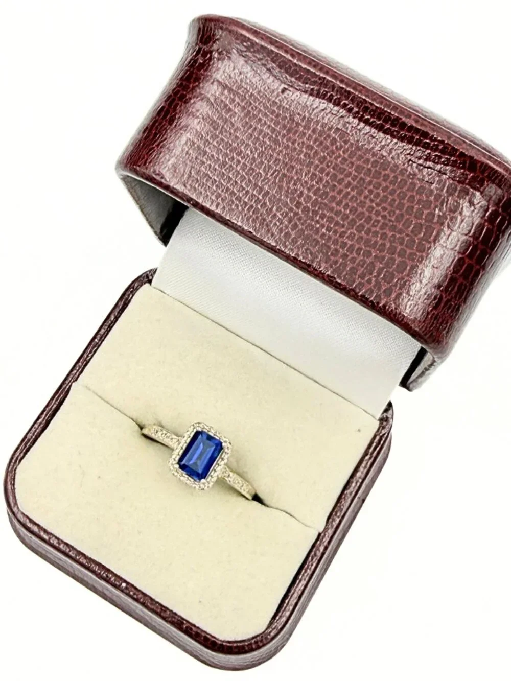 Amazing Art Deco Style Emerald Cut Lab Sapphire Sterling Silver Halo Ring Sz 9